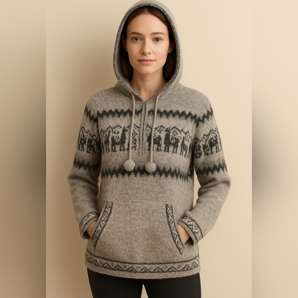 UNISEX Gray Hooded Alpaca Sweater with Peruvien Unique Pattern